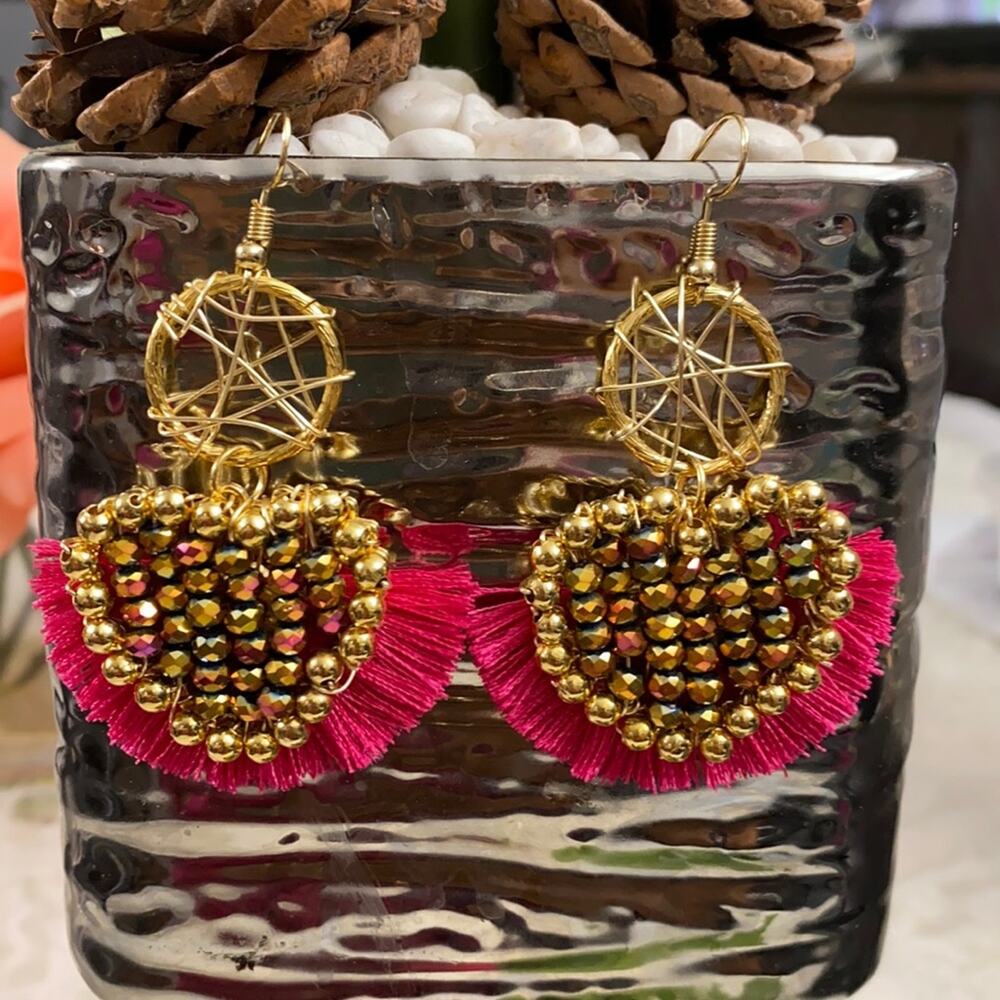 Oro Laminado 3" Red Wire Handmade Earrings Hot Pink Heart Mexican Jewelry